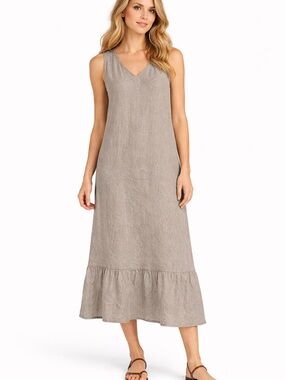 Francesca Bettini Made in Italy Sleeveless V-Neck Ruffle-Hem Midi Dress Linen L